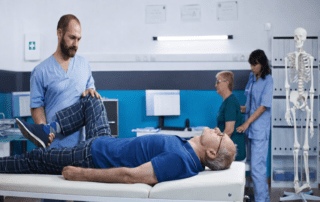 Medical professional assisting elderly patient in physical therapy, highlighting BlueCross BlueShield Florida benefits for pain relief treatments and orthopedic care.