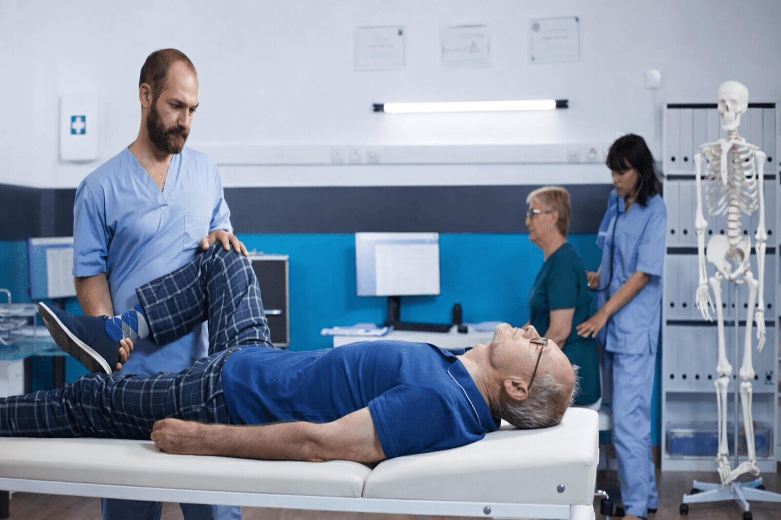 Medical professional assisting elderly patient in physical therapy, highlighting BlueCross BlueShield Florida benefits for pain relief treatments and orthopedic care.